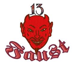 Bold devil face with a mischievous grin, number 13 above, and stylized 'Faust' text below in a graphic design.