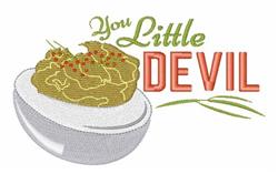 Deviled egg with creamy filling and red accents, featuring 'You Little DEVIL' text in playful style for Easter.