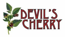 Vintage botanical illustration of a cherry plant with dark green leaves, ripe fruits, and bold red 'DEVIL'S CHERRY' text.
