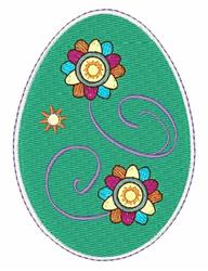 Playful green egg with colorful flowers and purple swirls, perfect for Easter décor.