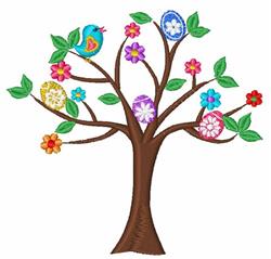 beginner-friendly easter bird machine embroidery pattern - Easter Tree for kitchen tea towels