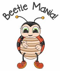 Cartoon ladybug with large green eyes, red-and-black shell, and 'Beetle Mania!' text in a playful style.