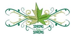 Green leaf with swirling vines in vibrant hues, featuring the text 'Spring has Sprung' for a cheerful spring design.