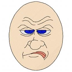 Cartoon grumpy egg character with blue eyes and a peach face, designed in a humorous style.