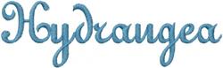 Blue lettering spelling 'Hydrangea' in soft, flowing style, evoking a floral theme suitable for decor.