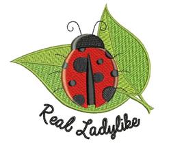 Colorful ladybug perched on a green leaf, featuring black spots and curly antennae. 'Real Ladylike' text adds charm.