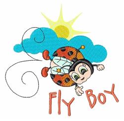 Playful ladybug in mid-flight among fluffy blue clouds and a bright yellow sun, perfect for springtime children's apparel.