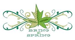 Leaf with swirls in vibrant greens and light brown, featuring 'BRING SPRING' text, perfect for a spring theme.
