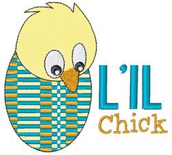 Playful applique yellow chick with big eyes peeks from a striped blue and green egg for Easter.