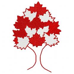 Applique tree with vibrant red and white maple leaves against a simple backdrop, capturing the essence of fall.