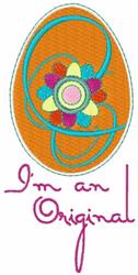 Decorative Easter egg featuring a vibrant orange color, multi-colored flower design, and stitched text 'I'm an Original'.