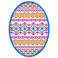 Oval decorative pattern with geometric rows in vibrant orange, pink, and blue, perfect for Easter.