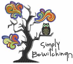 Tree with vibrant swirls of orange, green, and purple leaves. A whimsical owl perches in fall decor.