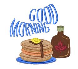 Playful stack of pancakes with butter, a maple syrup bottle, and 'GOOD MORNING' text in cheerful blue embroidery.