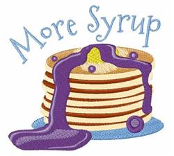 Playful stack of pancakes drizzled with vibrant purple syrup and embroidered 'More Syrup' text, perfect for breakfast.