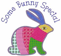 Whimsical patchwork rabbit in vibrant pink, blue, green, and purple colors for Easter with 'Some Bunny Special' text.