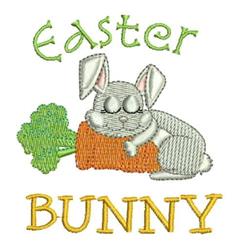 Playful rabbit resting on an orange carrot with 'Easter' and 'BUNNY' text in vibrant colors, perfect for festive springtime d