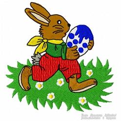 Colorful rabbit in vibrant clothing, racing with an Easter egg in grassy field with daisies, perfect for Easter.
