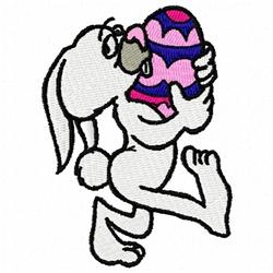 Playful white rabbit holding a colorful Easter egg, adorned with pink and purple designs, perfect for festive celebrations.