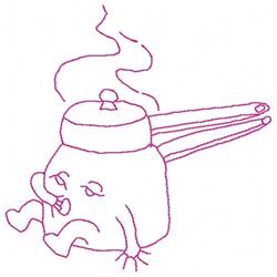 Redwork kettle with cartoonish features, round body, and playful expressions, releasing steam from the spout.