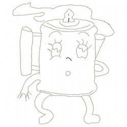 Redwork kettle with expressive eyes, surprised face, arms, and steam rising, creating a whimsical kitchen scene.