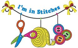 Colorful scissors, yellow thread spool, and bright buttons with 'I'm in Stitches' text, perfect for creative craft projects.