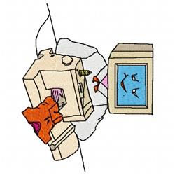 Playful sewing machine with bright orange fabric, cheerful computer monitor, in a whimsical style.