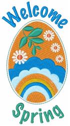 Colorful decorative egg bursting with flowers and a rainbow, celebrating spring with playful 'Welcome Spring' text.