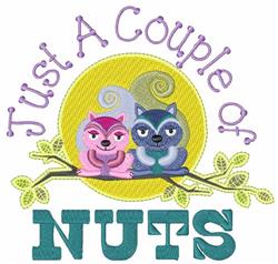 Playful squirrels perched on a branch with a bright sun, featuring the text 'Just A Couple of NUTS' for a whimsical fall them