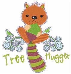 Playful orange squirrel hugging a green acorn on stylized tree branches, with whimsical blue swirls.