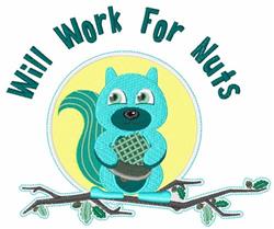 Cartoon turquoise squirrel holding a nut on a branch, with a yellow background and 'Will Work For Nuts' text.
