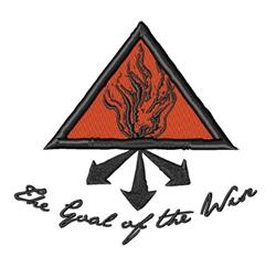 Triangular emblem with flame design, featuring an orange triangle, black arrows pointing down, and elegant text.