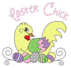 Cheerful yellow chick on colorful Easter eggs features stripes and polka dots, with playful 'Easter Chick' text above.
