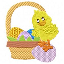 Applique cheerful yellow chick on a pink egg in a woven basket filled with colorful Easter eggs.