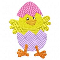 Applique yellow chick emerging from a purple egg with a pink top, playful and colorful for Easter.
