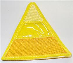 Triangular patch in bright yellow, featuring a dark orange bottom and shiny white sections, neatly stitched.