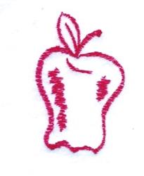 Playful apple with a bold red outline and green leaf, stitched in vibrant colors on white background.