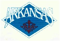 Bold text reading 'ARKANSAS' in white within a diamond shape, on a blue background, accented by deep red florals.