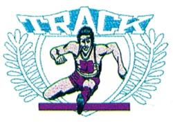 Vibrant male runner in athletic attire with purple colors and blue outline, featuring laurel leaves and 'TRACK'.
