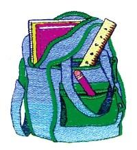 Cartoon-style green backpack filled with a notebook, ruler, and pencil, perfect for back to school.