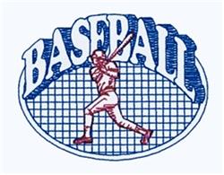 Cartoonish baseball player in action with bold outlines, set in a grid pattern, vibrant red and blue for sporty appeal.