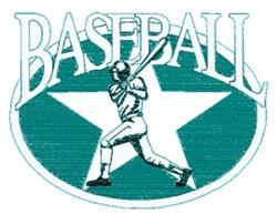 Dynamic baseball player in silhouette swinging a bat, framed by a large star in teal and black. Bold sports design.