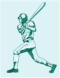 Baseball player in energetic pose with bat, solid green on light blue background, ideal for sports-themed embroidery.