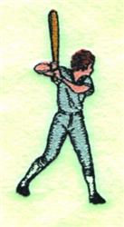 Playful cartoon male baseball player swinging a bat in a light blue uniform, set against a soft green background.
