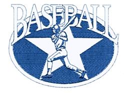Baseball player swinging a bat with bold blue star background and prominent 'BASEBALL' text.