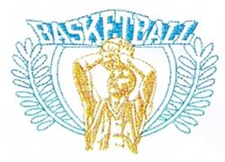 Basketball player in a bold cartoon style, encircled by a laurel wreath, with 'BASKETBALL' text above.