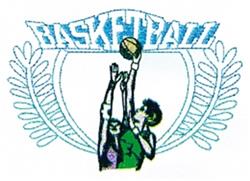 Illustrative design of basketball players reaching for a ball, framed by a laurel wreath, vibrant colors.