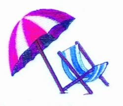 Playful beach umbrella in pink and white with a striped blue chair, perfect for summer vibes.