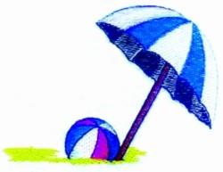 Playful beach umbrella in blue and white with colorful ball and green ground, perfect for summer fun. Standard.