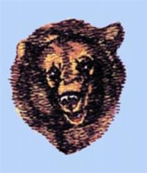 Detailed bear head design with dark fur and intricate shading on a light blue background.